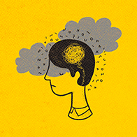 A person has a scribbled lines forming a cloud in their brain against a yellow background with floating letters and grey clouds.