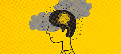 A person has a scribbled lines forming a cloud in their brain against a yellow background with floating letters and grey clouds.
