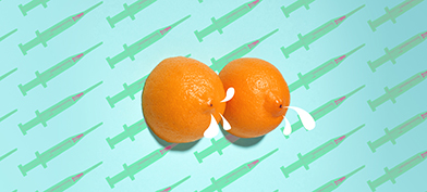 Two halfs of an orange sit side-by-side with milk coming from the ends against a background of botox needles.