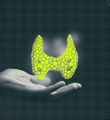 A yellow glowing thyroid gland hovers above an open hand as a dotted overly covers the whole image.