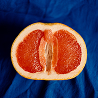 Half of a grapefruit sits open-faced against a blue cloth.