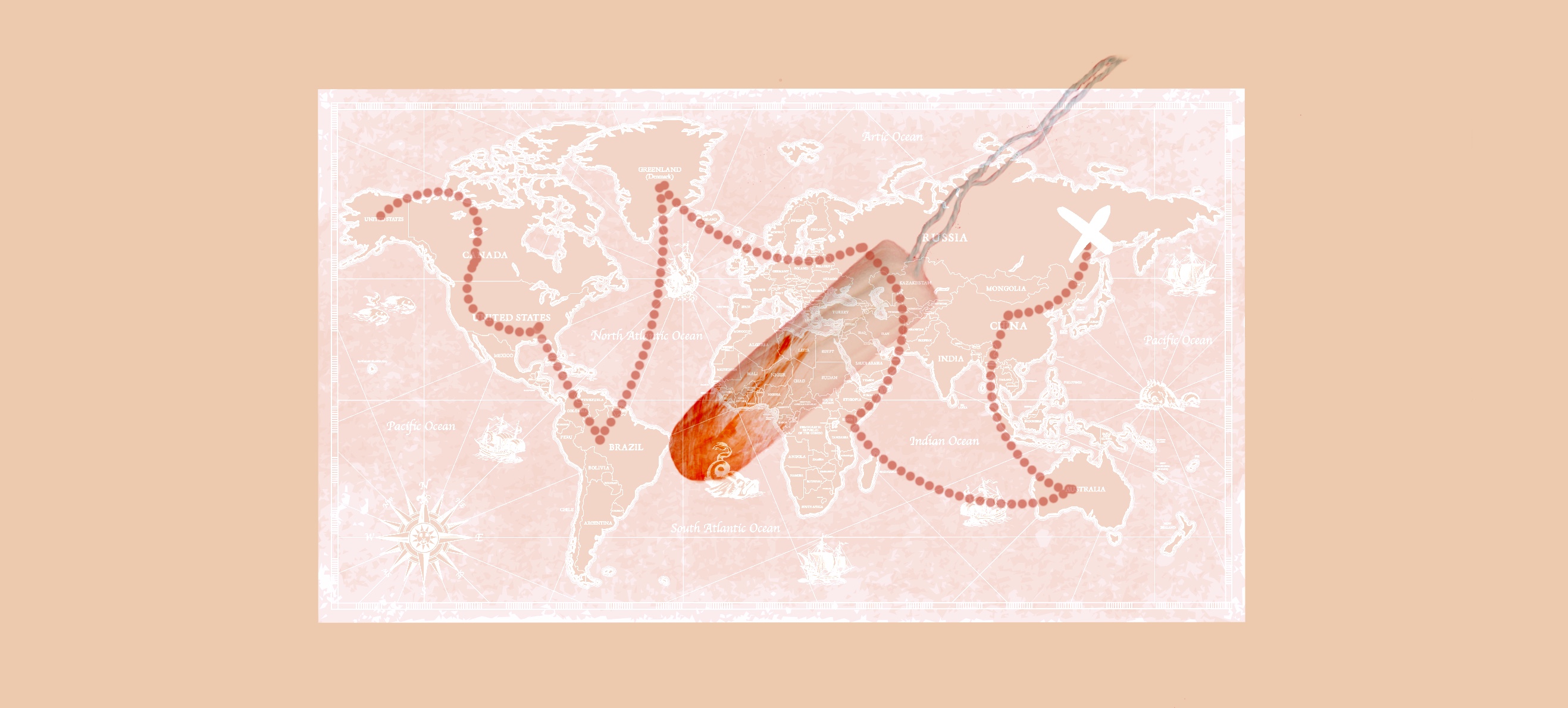 A translucent map of the world with a dotted line from one side to the other overlays a slightly bloodied tampon.