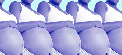 A purple image of a pregnant person holding their stomach is repeated in a row against a blue background.
