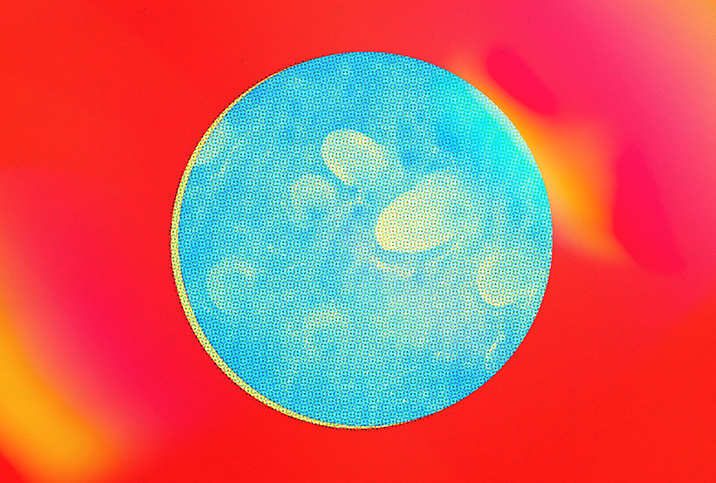 Tiny bumps on the skin of a penis are viewed through a blue microscopic lens against a red and yellow background.