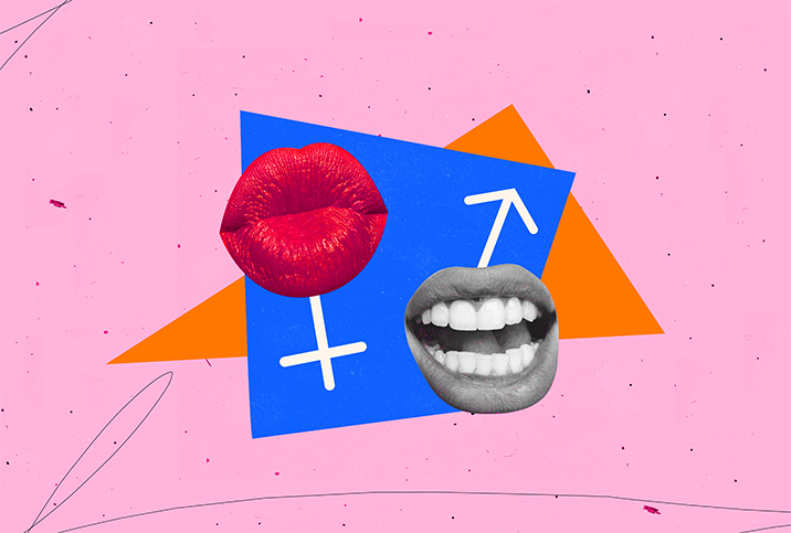 A female gender glyph with kissing lips and a male gender glyph with an toothy smile are against a pink background.