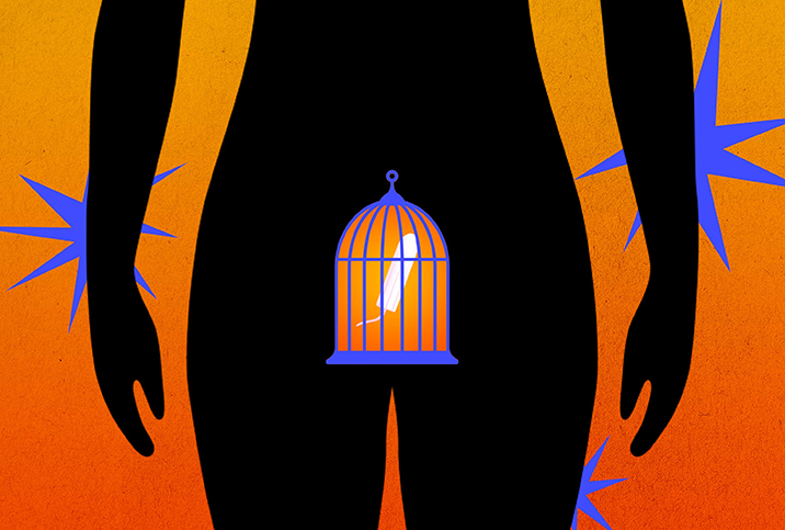 A black silhouette of a female body has a bird cage against the pelvis with a tampon trapped inside.