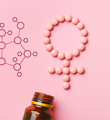 Pink pills form a female glyph next to open open pill bottle and genetic code.