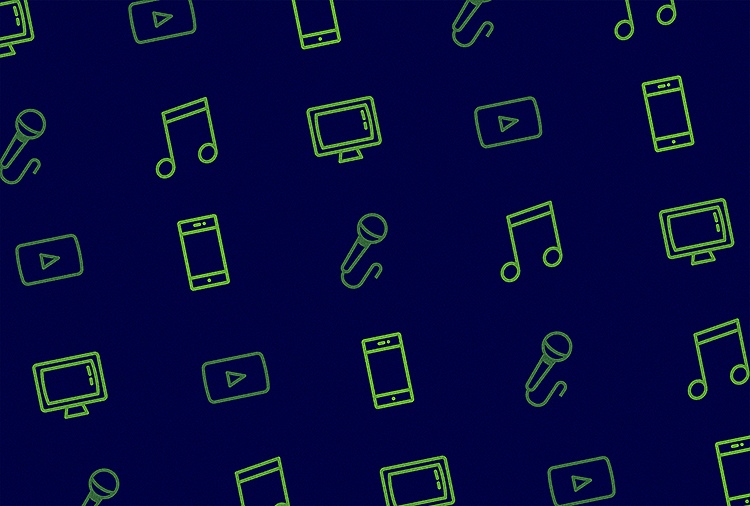 Icons of various media formats are in lime green against a dark blue background.
