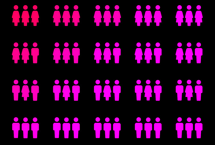 Various combinations of genders are patterned in pink against a black background.