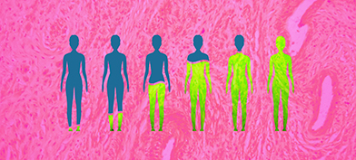 Six blue bodies in a row are filled gradually with yellow against a pink background.