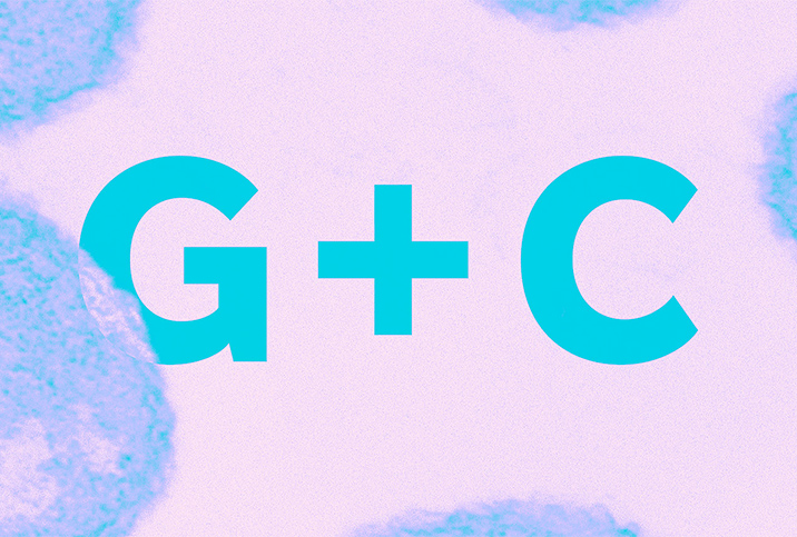 Teal letters G + C are set against a pink background with virus cells around it.