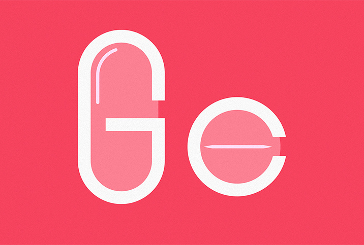 A large uppercase G is over a long pill next to a lowercase C over a round pill.