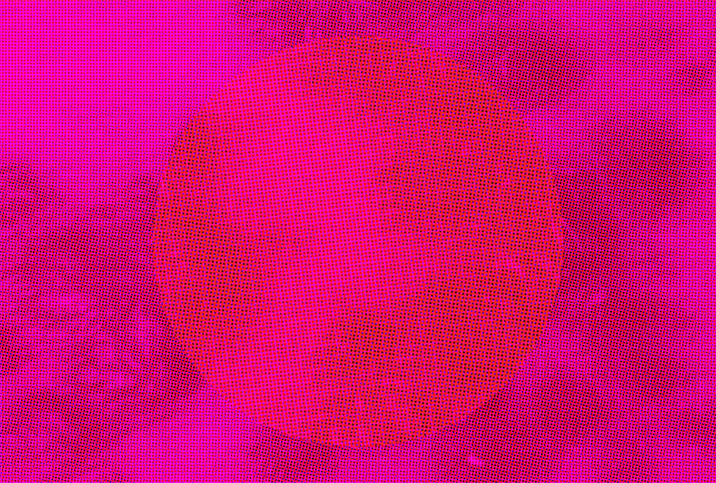 A bright pink circle is against a darker pink patterned background.