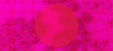 A bright pink circle is against a darker pink patterned background.