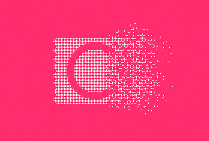 White dots arranged in a rectangular pattern scatter on the right side along a hot pink surface.