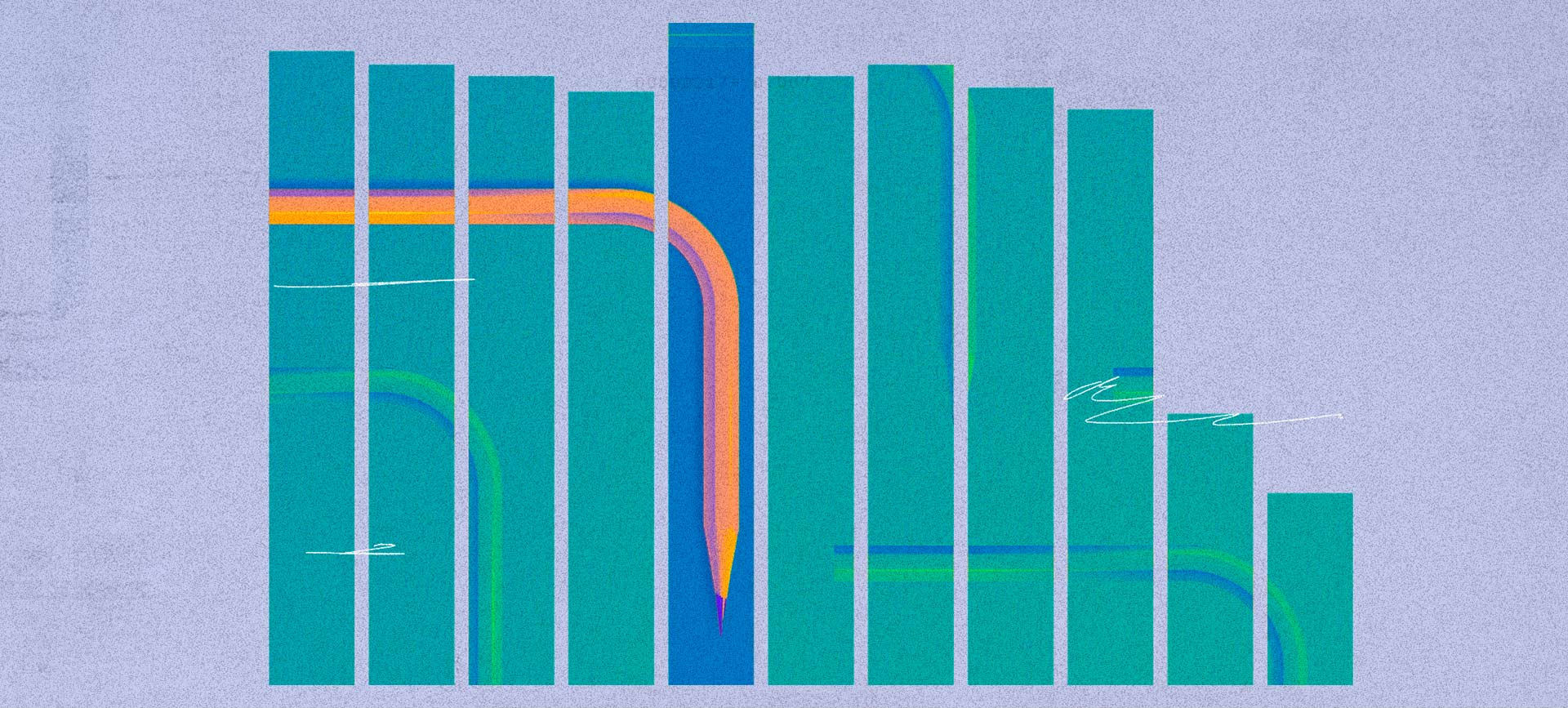 A pencil bends downward in the middle of a blue column on a green bar graph.