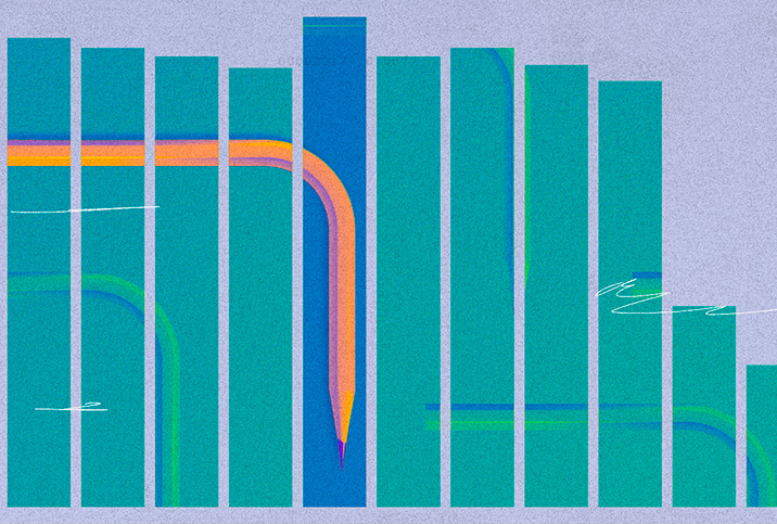 A pencil bends downward in the middle of a blue column on a green bar graph.