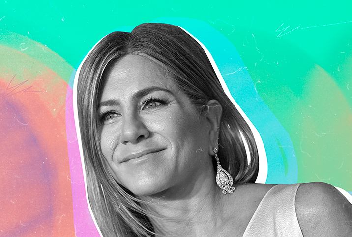A black and white photo of Jennifer Aniston smiling is on top of a pink, blue, and green background.