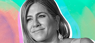 A black and white photo of Jennifer Aniston smiling is on top of a pink, blue, and green background.