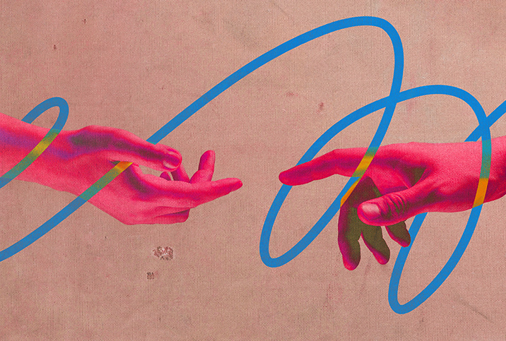 Two red-tinted hands reach towards one another and a swirling blue line wraps around both.