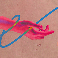 Two red-tinted hands reach towards one another and a swirling blue line wraps around both.