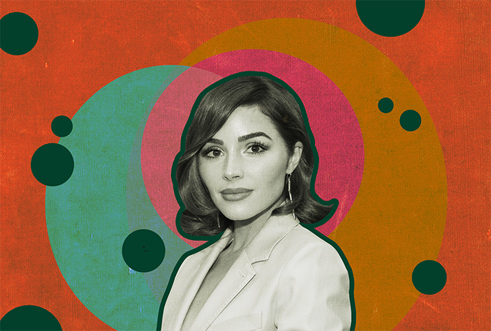 A black and white photo of Olivia Culpo is layered on a collage of different colored circles and an orange background.