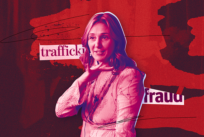 A woman gestures with her hands while she speaks, and the words "trafficking" and "fraud" are written behind her.