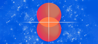 Two orange circles partially overlap with white crosshairs in the middle against a blue background.