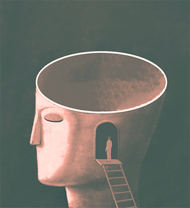 A man stands at the top of a ladder leading into a sculpture of a human head with a pill dropping into it.