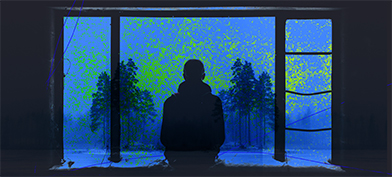 A person looks through a window to a wintery forest outside under a foggy blue light.