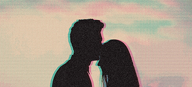 A couple's shadows show the taller person kissing the shorter person's forehead, and both are outlined in pink and blue.