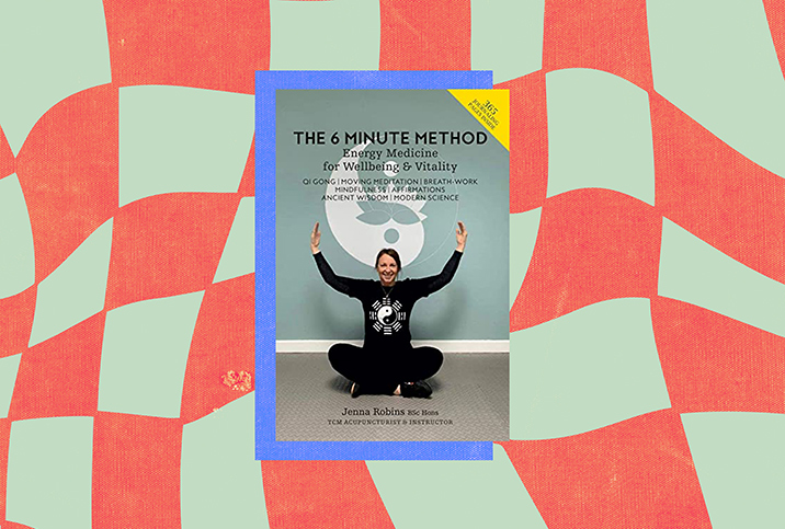 The cover of The 6 Minute Method is displayed against an orange and off-white curvy checkered background.