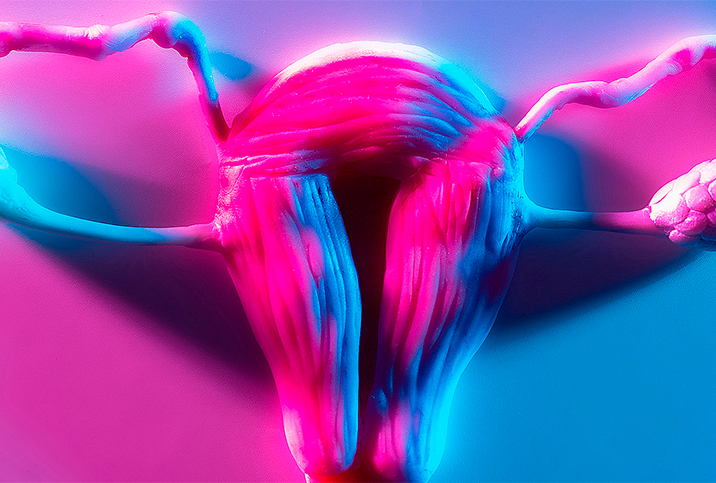 Neon pink and blue lights illuminate a 3D model of a uterus, uterine tubes, and ovaries.