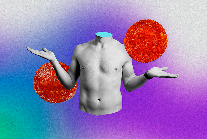 A shirtless man's torso shrugs in front of two pepperonis and a colorful background.