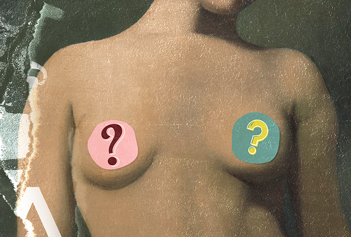 A painting showing the bust of a woman has two question marks over the breasts.