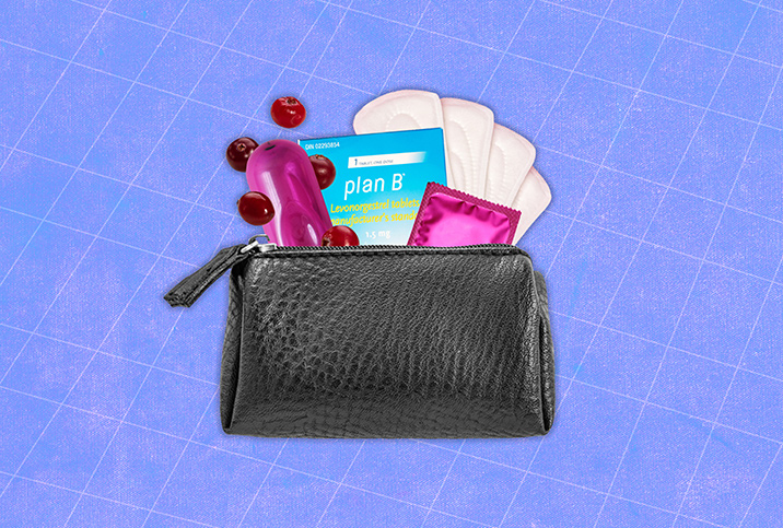 A variety of sexual health products for women are coming out of a black clutch.