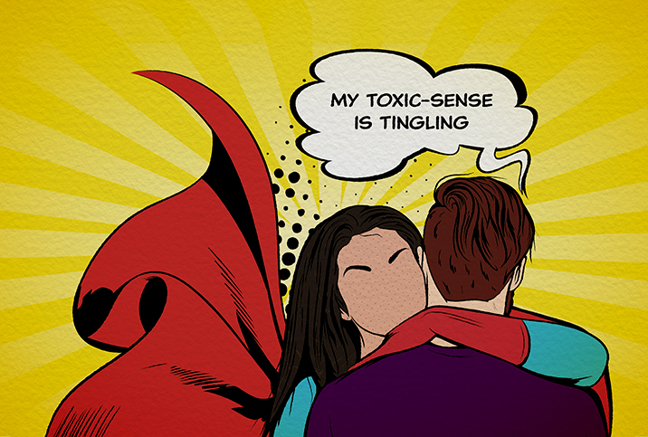 A man hugs a superhero with a chat bubble that says his toxic-sense is tingling.