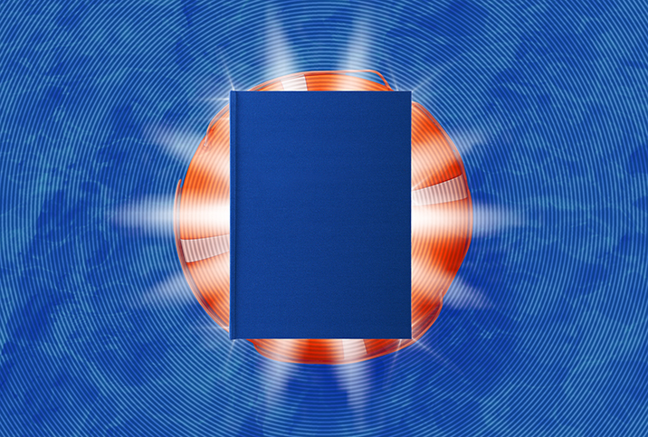 A blue book floats on an orange rescue dingy in blue water, and rays of light beam from behind the book.