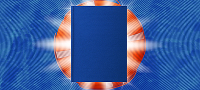 A blue book floats on an orange rescue dingy in blue water, and rays of light beam from behind the book.
