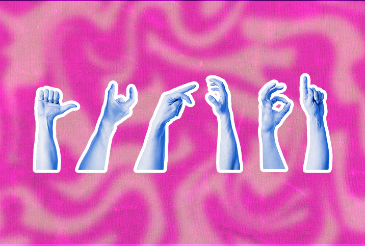 A set of five blue arms display different hand gestures against a cloudy pink background.