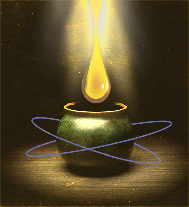 A glowing, golden drop of oil falls into a blue pot surrounded by darkness.