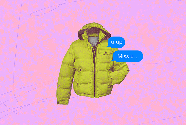 A yellow winter coat with two text chat bubbles on it is against a pink and orange textured background.