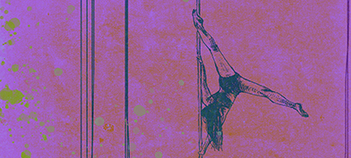 A sketched woman holds herself upside down on a pole in a split in front of a purple background.