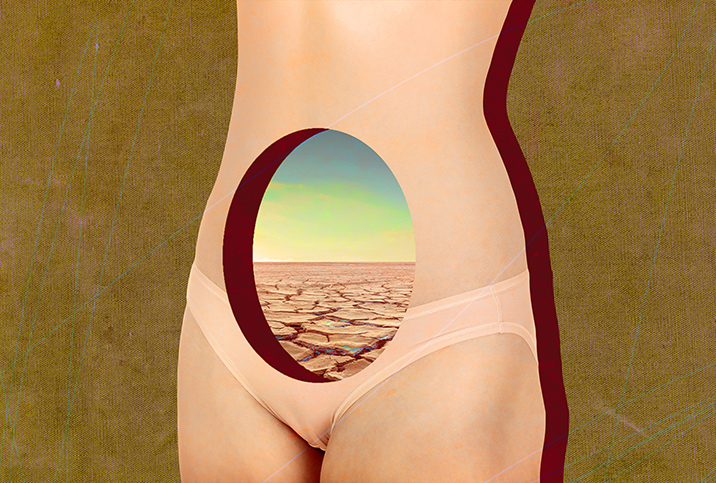 A female body has a hole in the center of its abdomen with the landscape of a dried-up lake bed in it.