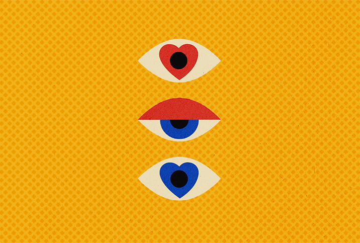 A half-open blue eye is between an eye with a red heart iris above and another with a blue heart iris below against a patterned yellow background.