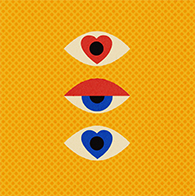 A half-open blue eye is between an eye with a red heart iris above and another with a blue heart iris below against a patterned yellow background.