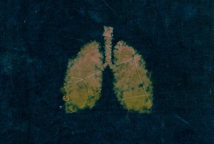 Two watercolor-painted lungs are in yellow and surrounded by navy blue.