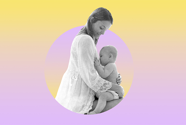 A woman holds her child as it breastfeeds against a yellow and lavender background.