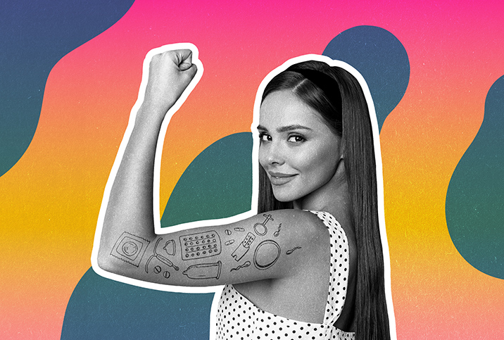 A woman flexes her left biceps with drawings of different birth control options on her arm.