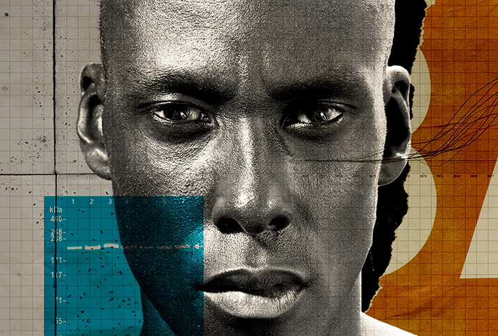 A close up of a man's face is layered by transparent color blocks of blue and orange.